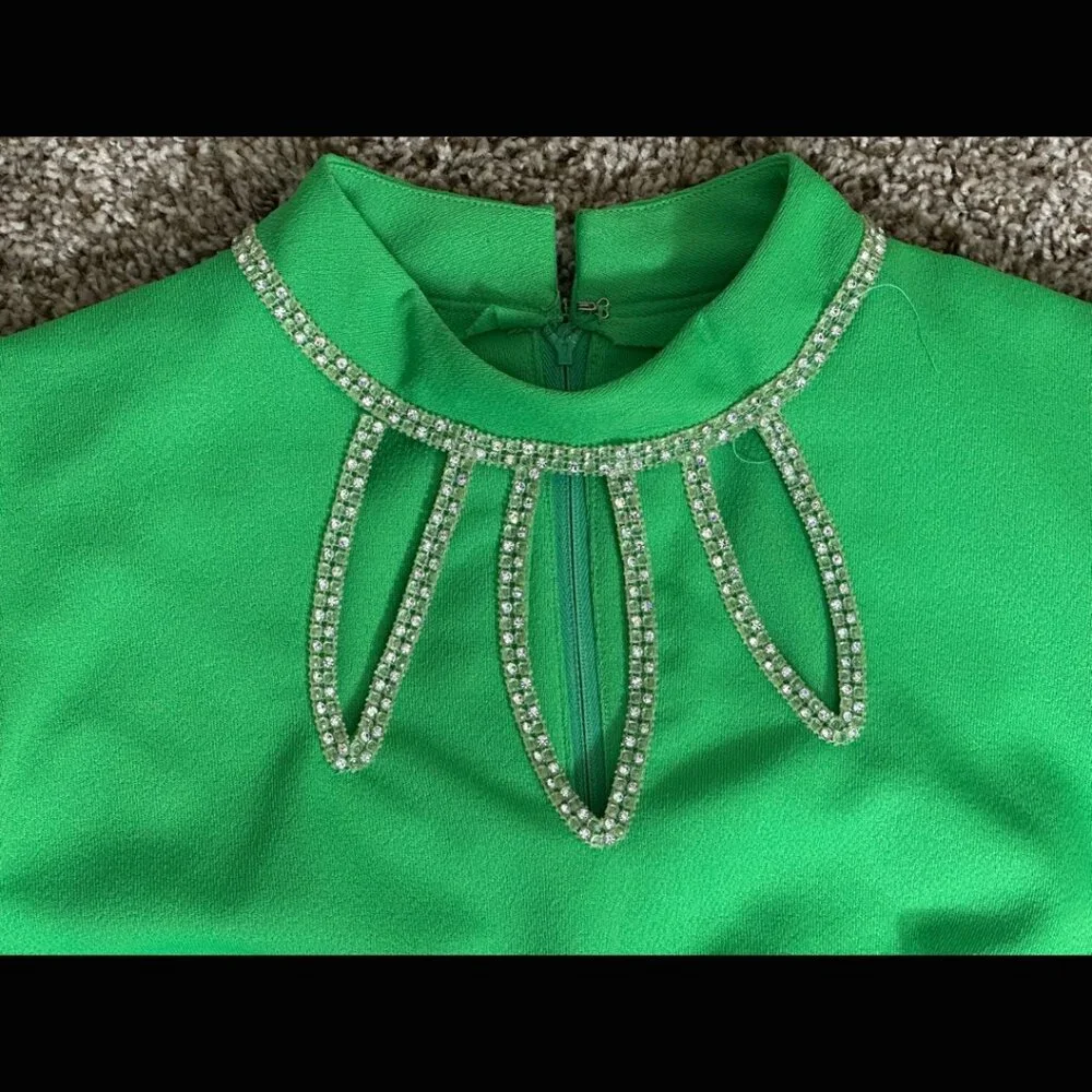 60s Bright Green Maxi Sheath Column Dress Rhinestone MCM Mod Rockabilly Pinup M - Picture 14 of 15